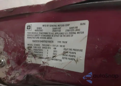 1996 Chevrolet S Truck S10 z USA, uszkodzony, nr VIN 1GCCS1949T8216678